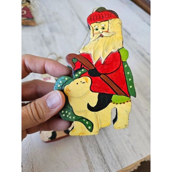 Vintage wooden Santa polar bear ornament Xmas tree set - Picture 4 of 12
